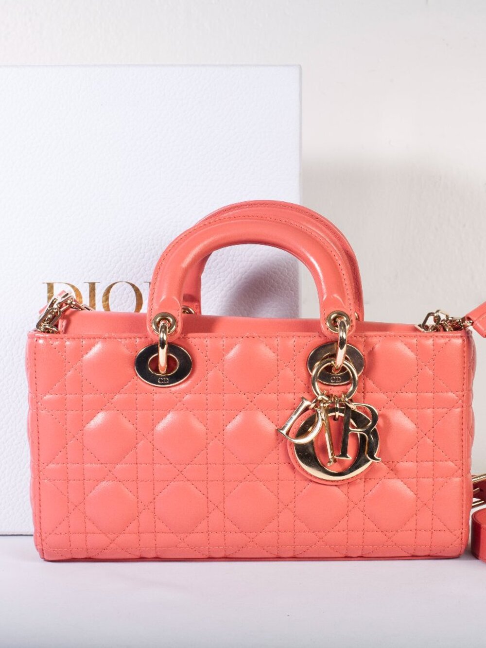 Authentic Christian Dior Coral Small Lady D-Joy Lambskin Cannage Handbag